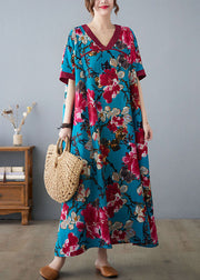 Elegant Blue V Neck Patchwork Print Cotton Dresses Short Sleeve