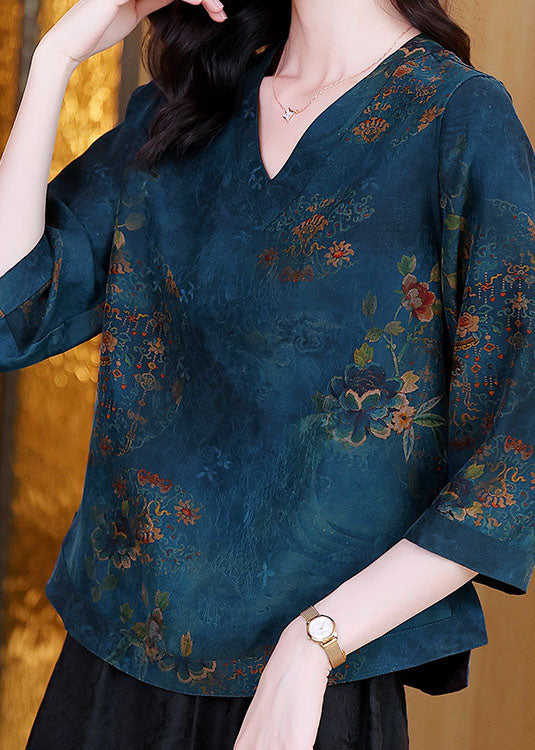 Elegant Blue V Neck Patchwork Print Silk Blouse Tops Spring