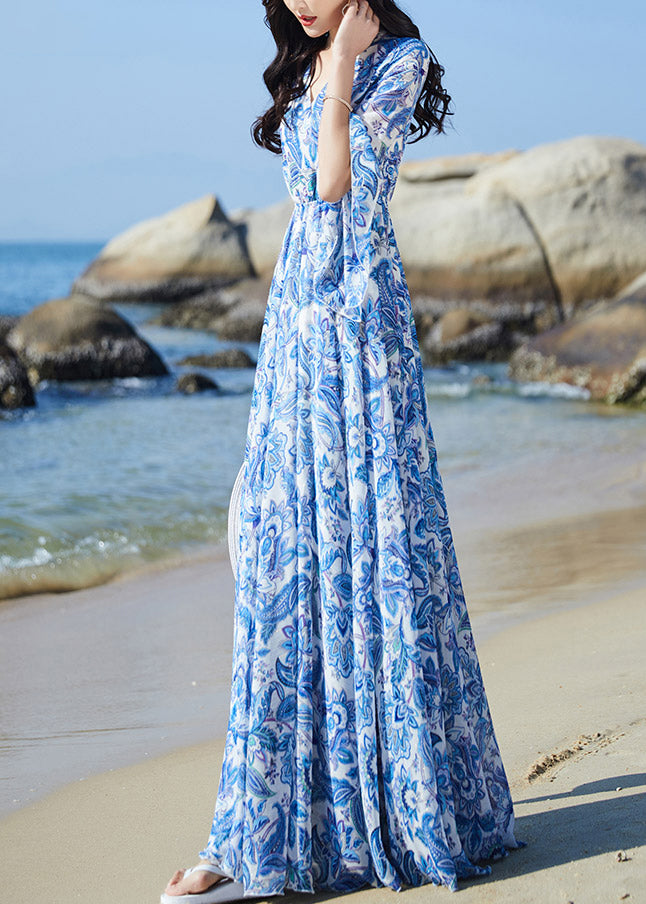 Elegant Blue V Neck Print Elastic Waist Chiffon Vacation Maxi Dresses Flare Sleeve