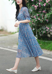 Elegant Blue V Neck Print Pockets Cotton Dress Summer