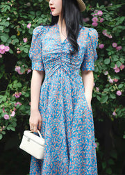 Elegant Blue V Neck Print Pockets Cotton Dress Summer