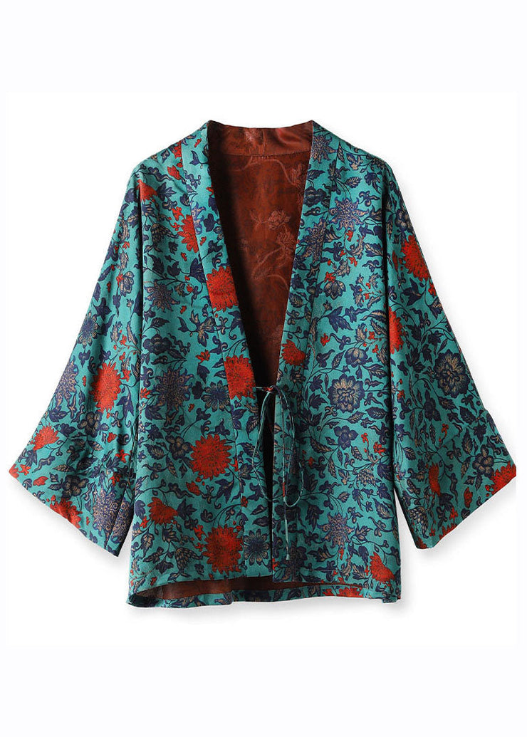 Elegant Blue V Neck Print Tie Waist Silk Coats Long Sleeve