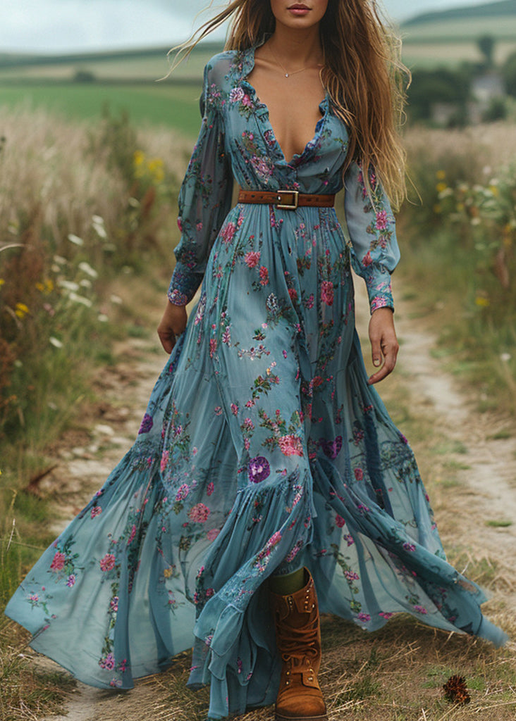 Elegant Blue V Neck Ruffled Print Cotton Maxi Dresses Spring