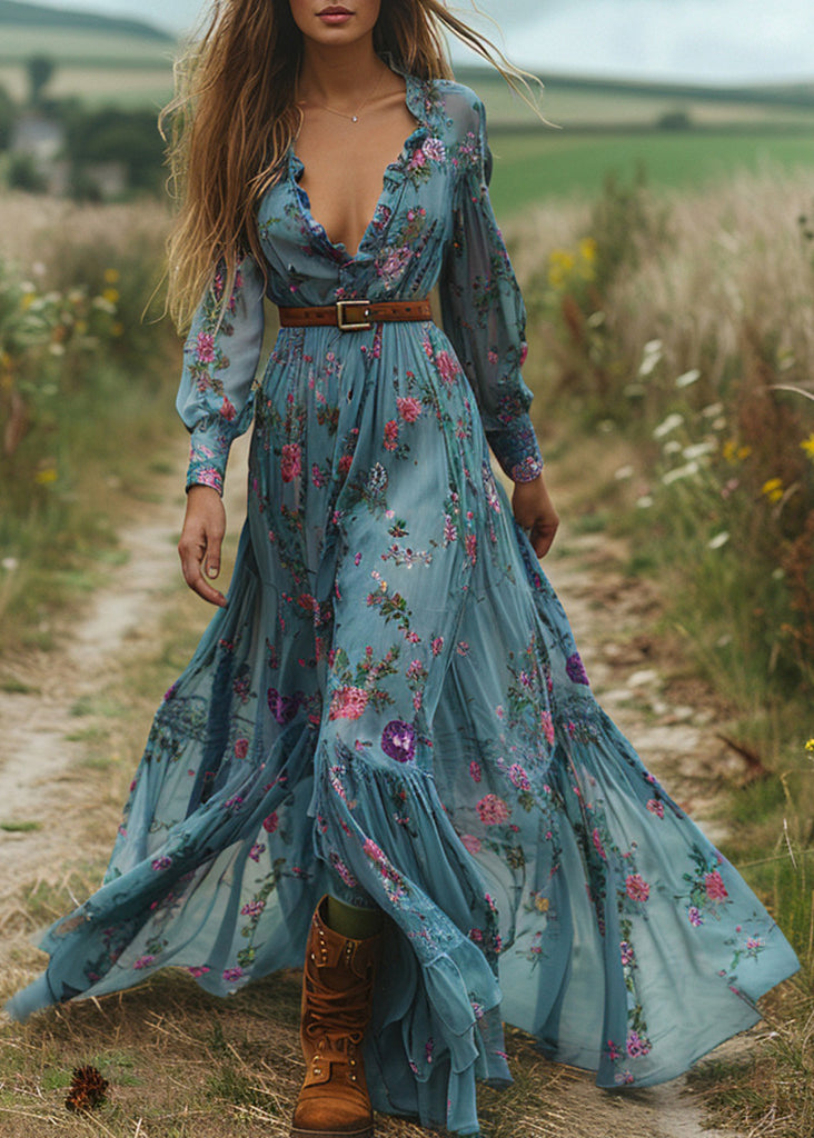 Elegant Blue V Neck Ruffled Print Cotton Maxi Dresses Spring