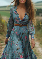 Elegant Blue V Neck Ruffled Print Cotton Maxi Dresses Spring