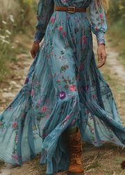 Elegant Blue V Neck Ruffled Print Cotton Maxi Dresses Spring