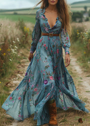 Elegant Blue V Neck Ruffled Print Cotton Maxi Dresses Spring