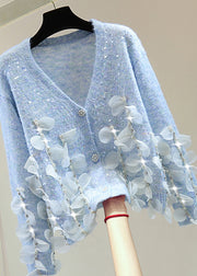 Elegant Blue V Neck Sequins Nail Bead Tassel Cotton Knit Sweater Tops Winter