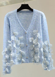 Elegant Blue V Neck Sequins Nail Bead Tassel Cotton Knit Sweater Tops Winter