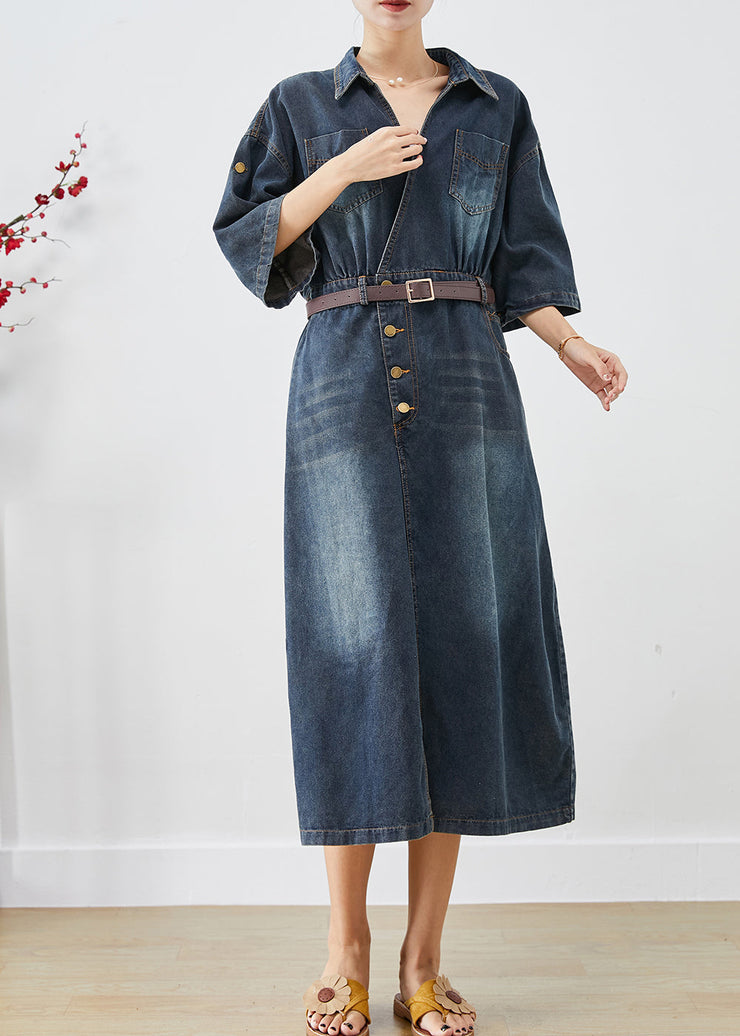 Elegant Blue V Neck Side Open Denim Long Dress Fall