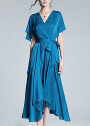 Elegant Blue V Neck Tie Waist Solid Silk Long Dresses Summer