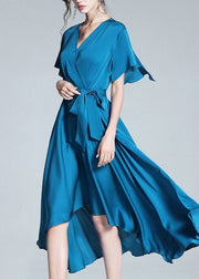 Elegant Blue V Neck Tie Waist Solid Silk Long Dresses Summer