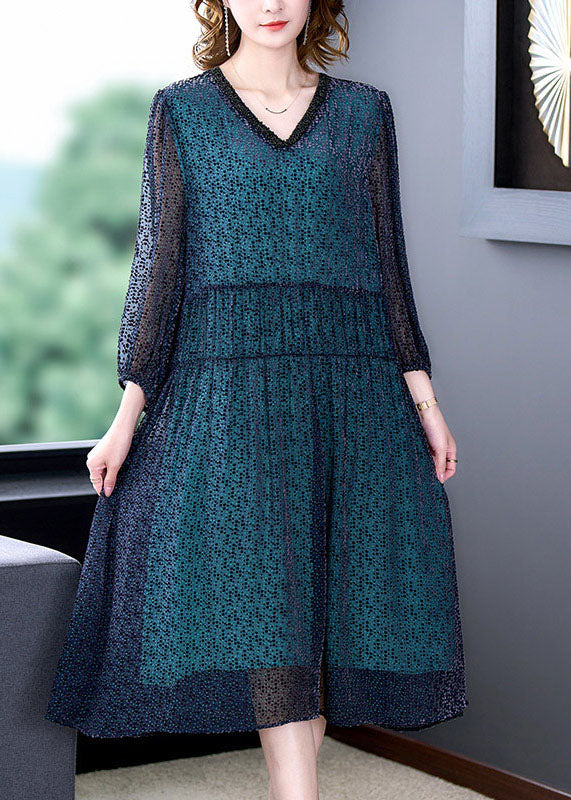 Elegant Blue V Neck Wrinkled Patchwork Silk Dress Long sleeve