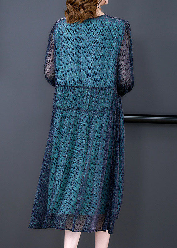 Elegant Blue V Neck Wrinkled Patchwork Silk Dress Long sleeve