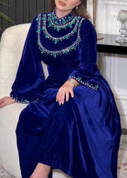 Elegant Blue Zippered Zircon Silk Velvet Long Dress Long Sleeve