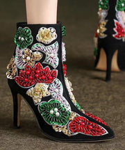 Elegant Boho Black Embroidered Nail Bead Short Boots Stiletto Sheepskin