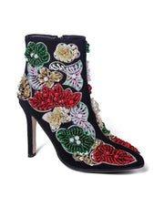 Elegant Boho Black Embroidered Nail Bead Short Boots Stiletto Sheepskin