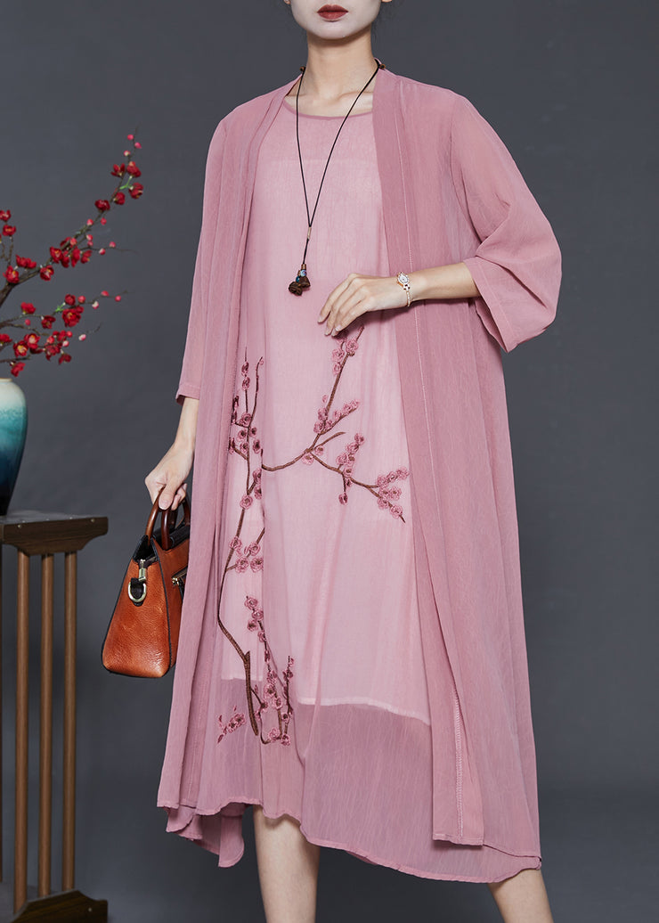 Elegant Brick Pink Plum Blossom Embroidered Chiffon 2 Piece Outfit Summer