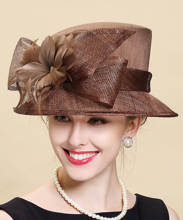 Elegant Brown Bow Feather Linen Bucket Hat