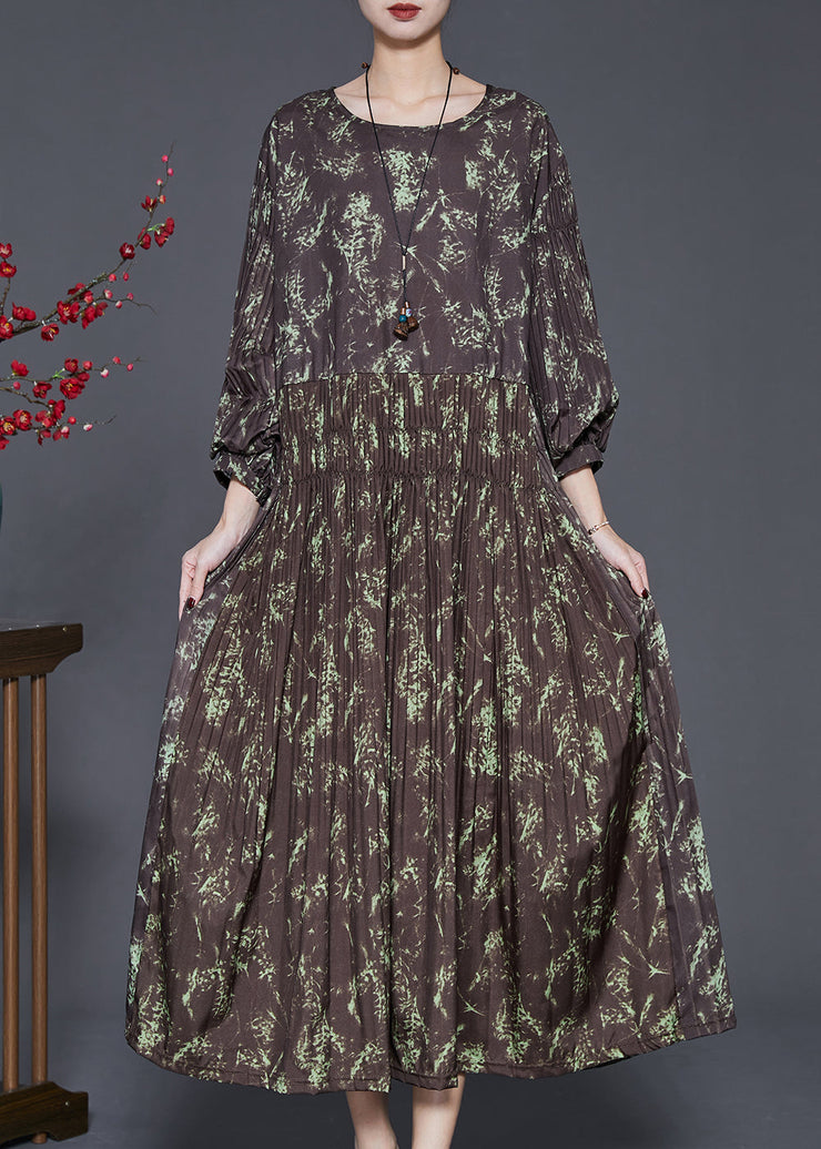 Elegant Brown Elastic Waist Print Cotton Long Dress Spring