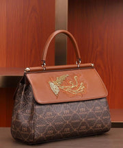 Elegant Brown Embroideried Calf Leather Tote Handbag