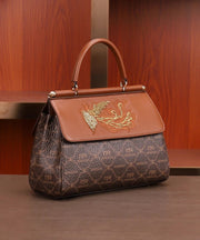 Elegant Brown Embroideried Calf Leather Tote Handbag