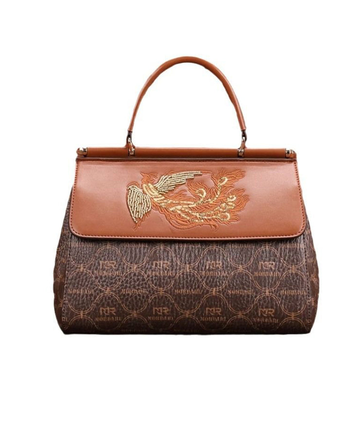 Elegant Brown Embroideried Calf Leather Tote Handbag