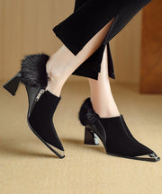 Elegant Brown High Heels Chunky Suede Splicing Fuzzy Fur