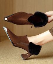 Elegant Brown High Heels Chunky Suede Splicing Fuzzy Fur