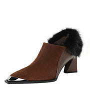 Elegant Brown High Heels Chunky Suede Splicing Fuzzy Fur