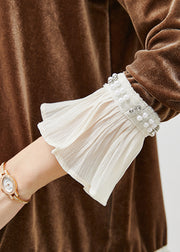Elegant Brown Nail Bead Patchwork Silk Velour Tops Flare Sleeve