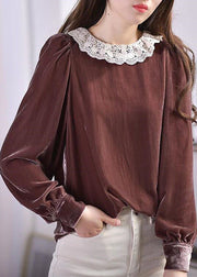 Elegant Brown O-Neck Lace Patchwork Silk Velour Blouses Spring