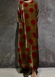 Elegant Brown O Neck Print Pockets Silk Velvet Dress Long Sleeve