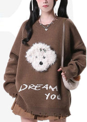 Elegant Brown Oversized Dog Knit Sweaters Spring