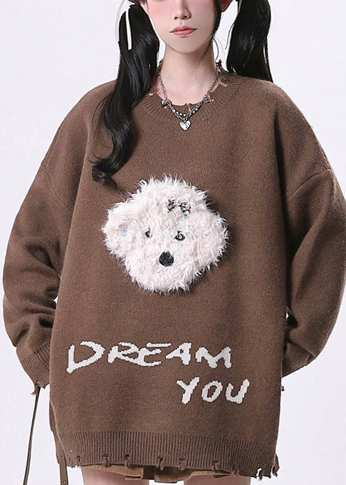 Elegant Brown Oversized Dog Knit Sweaters Spring