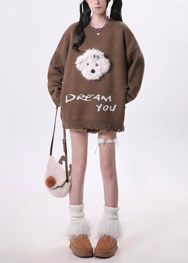 Elegant Brown Oversized Dog Knit Sweaters Spring