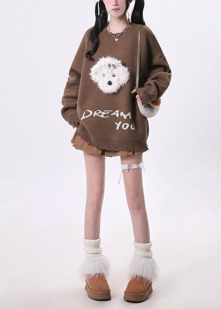 Elegant Brown Oversized Dog Knit Sweaters Spring