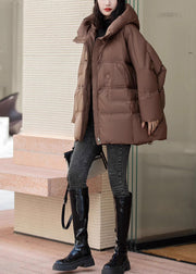 Elegant Brown Oversized Duck Down Hooded Coats Winter