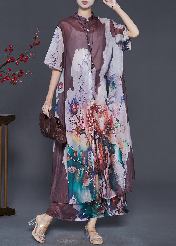 Elegant Brown Oversized Print Chiffon Two Piece Set Women Clothing Summer