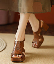 Elegant Brown Peep Toe Hollow Out Cowhide Leather Platform Chunky Sandals
