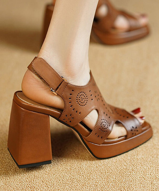 Elegant Brown Peep Toe Hollow Out Cowhide Leather Platform Chunky Sandals