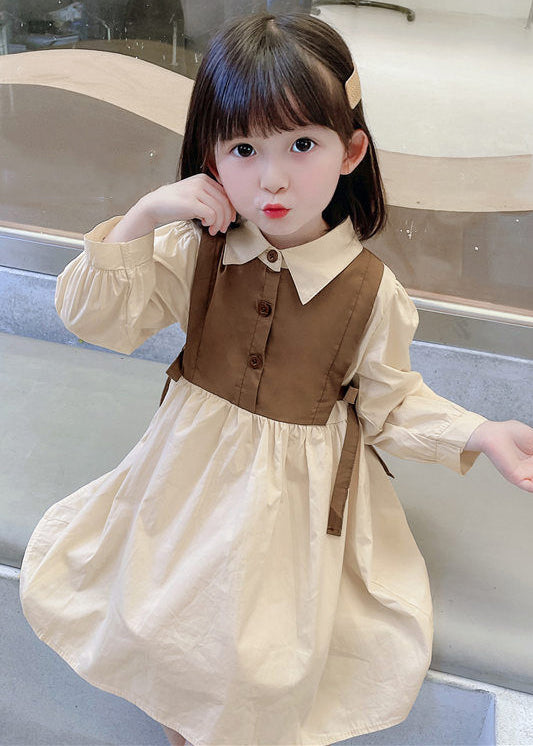 Elegant Brown Peter Pan Collar Button Cotton Girls Dresses Long Sleeve