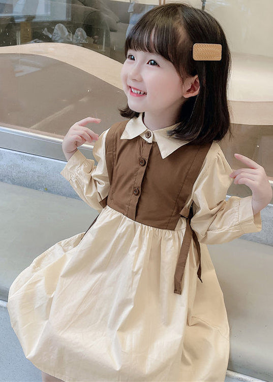Elegant Brown Peter Pan Collar Button Cotton Girls Dresses Long Sleeve