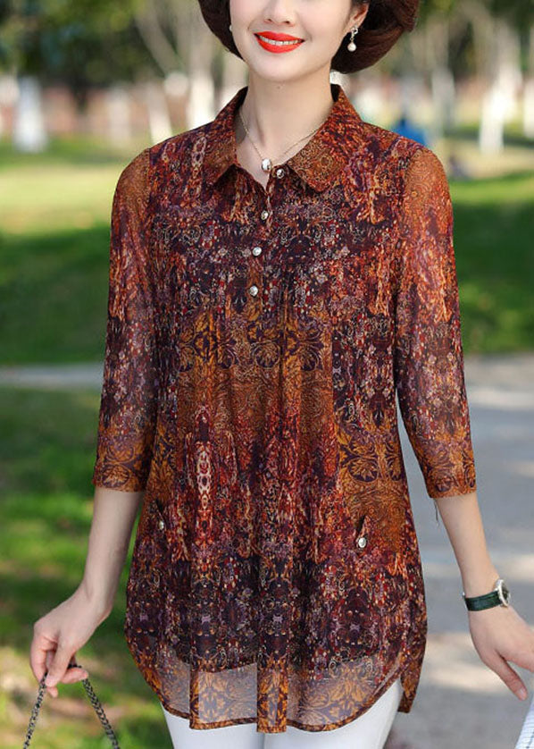 Elegant Brown Peter Pan Collar Print Button Silk Shirt Top Bracelet Sleeve