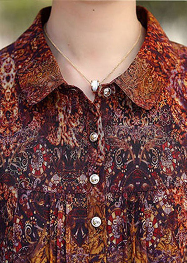 Elegant Brown Peter Pan Collar Print Button Silk Shirt Top Bracelet Sleeve