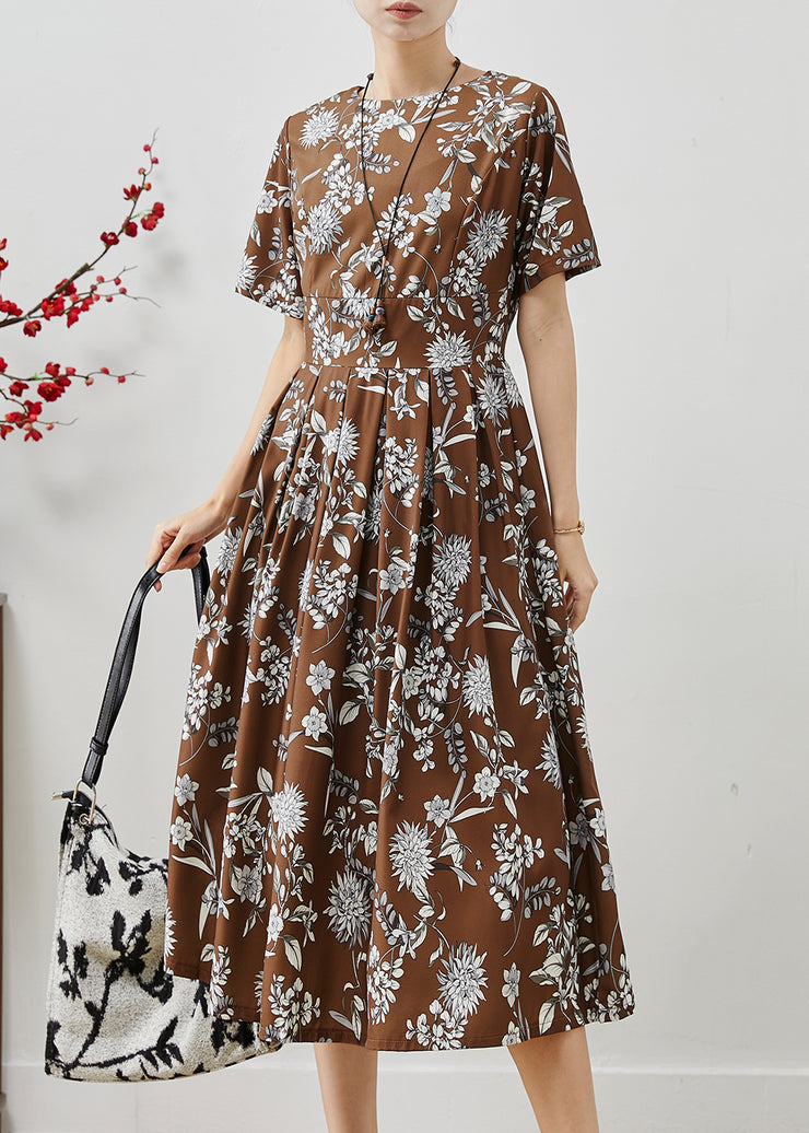 Elegant Brown Print Silm Fit Cotton Long Dresses Summer