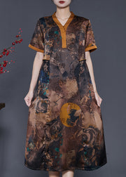 Elegant Brown Print Silm Fit Silk Long Dress Summer