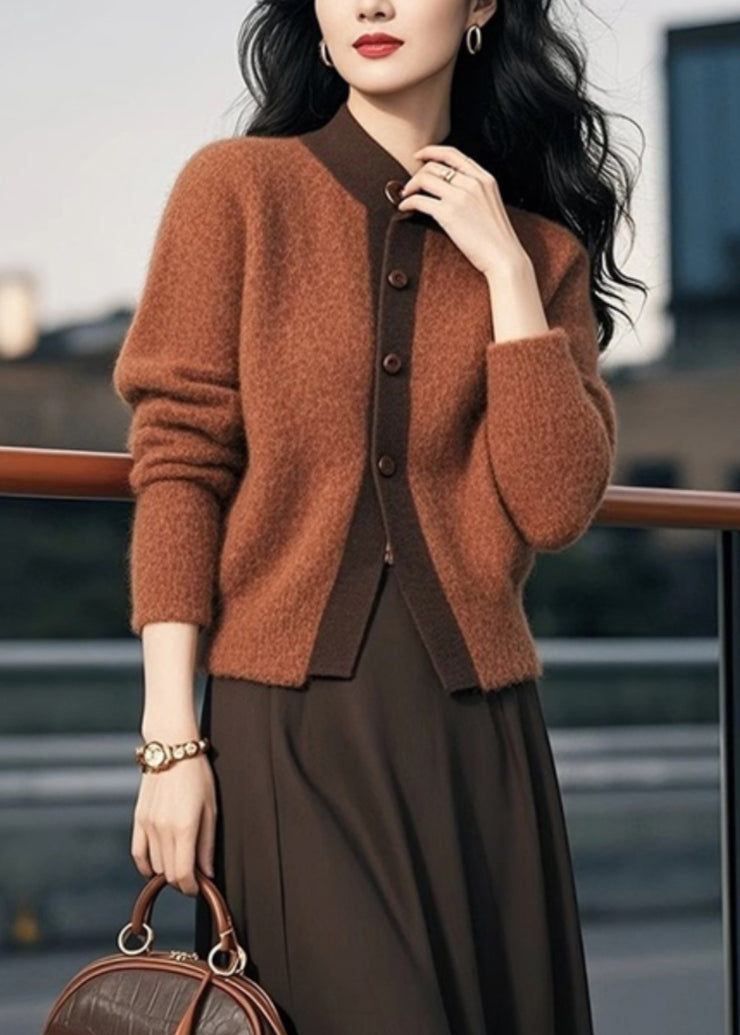 Elegant Brown Stand Collar Button Patchwork Knit Cardigans Spring