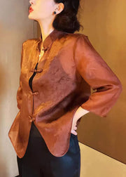 Elegant Brown Stand Collar Button Print Silk Blouses Summer