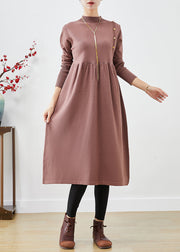 Elegant Brown Stand Collar Patchwork Button Knit Long Dress Fall